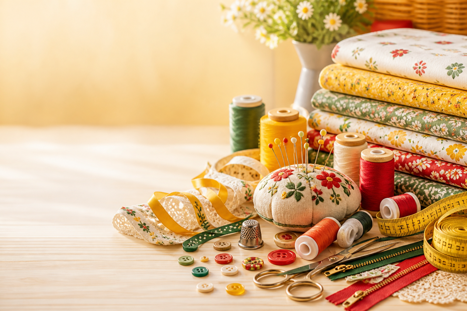 Нитки, иглы, ленты, пуговицы, молнии и ткани